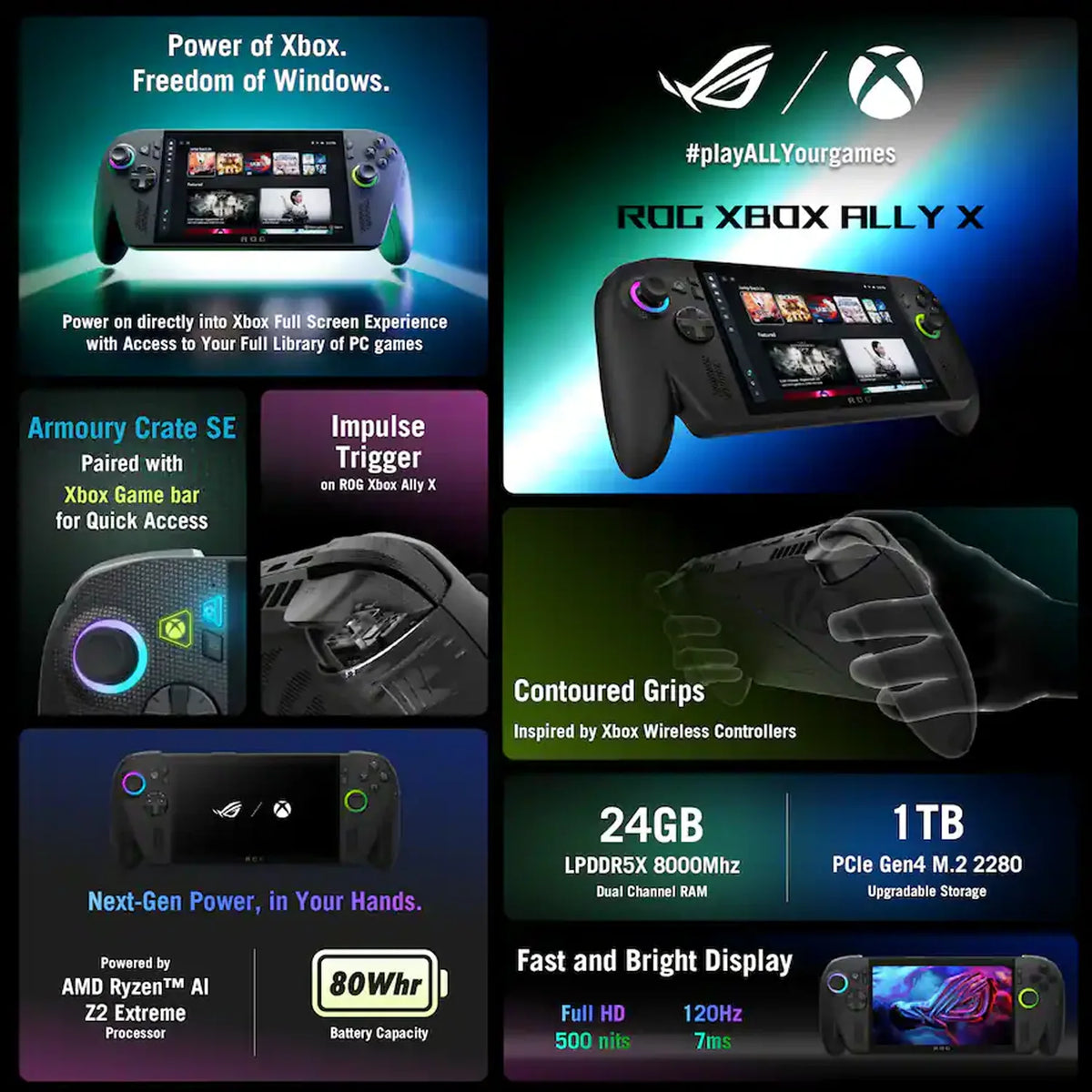 ROG Xbox Ally X Gaming Handheld 7 Inch FHD 120Hz Display AMD Ryzen AI Z2 Extreme 24GB RAM 1TB SSD Windows PC Game Console