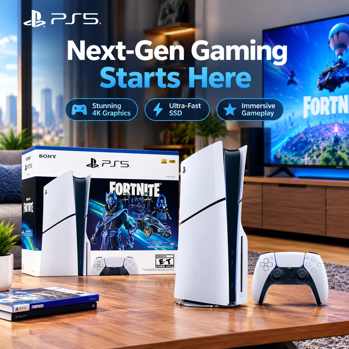 PlayStation 5 Slim Disc Edition 1TB SSD Console – Fortnite Cobalt Star Bundle, 4K UHD Blu-ray, 4K Gaming, Up to 120Hz, DualSense Wireless Controller
