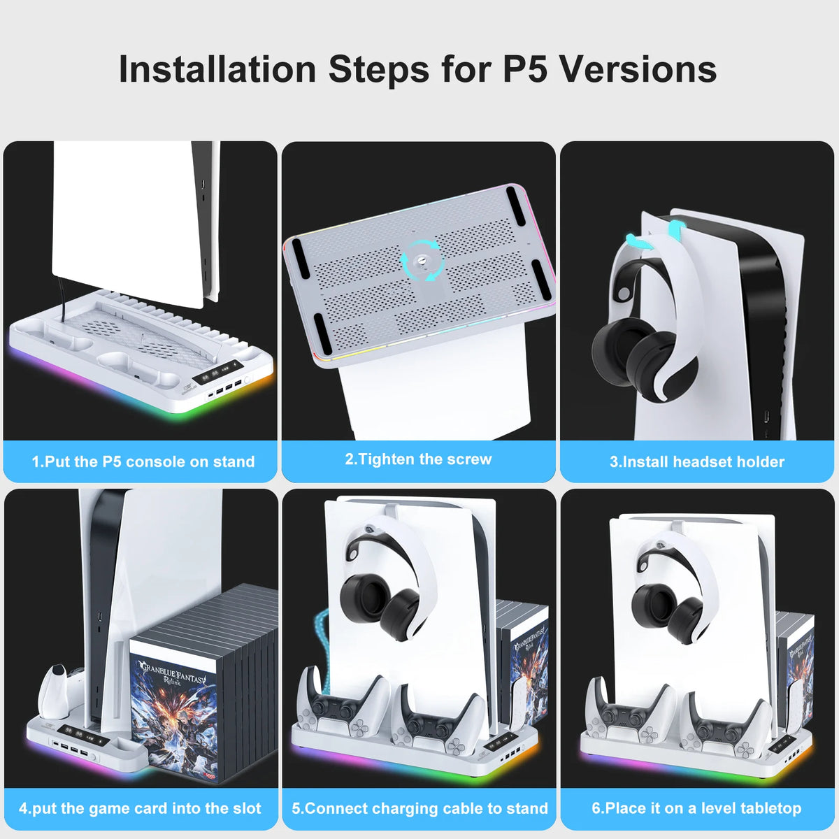 GAMINJA P58 RGB Cooling Stand For PS5 Slim Console Gamepad Charging Base Headset Hook Game CD Storage Rack For PS5 Disc&Digital