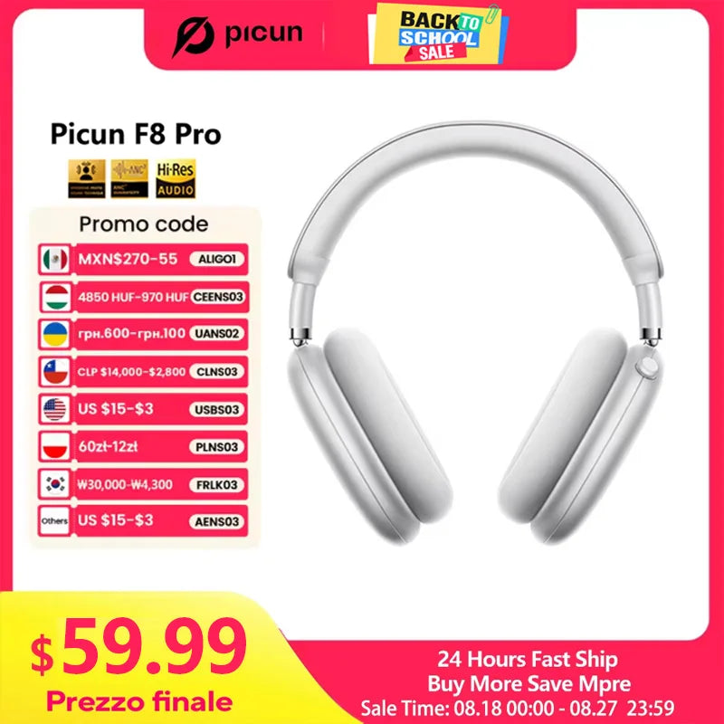 Picun F8 Pro ANC Wireless Headphones 3D Spatial Audio Head Tracking -52dB ANC HIFI Bluetooth Headset ENC HD Mic Low-Latency APP