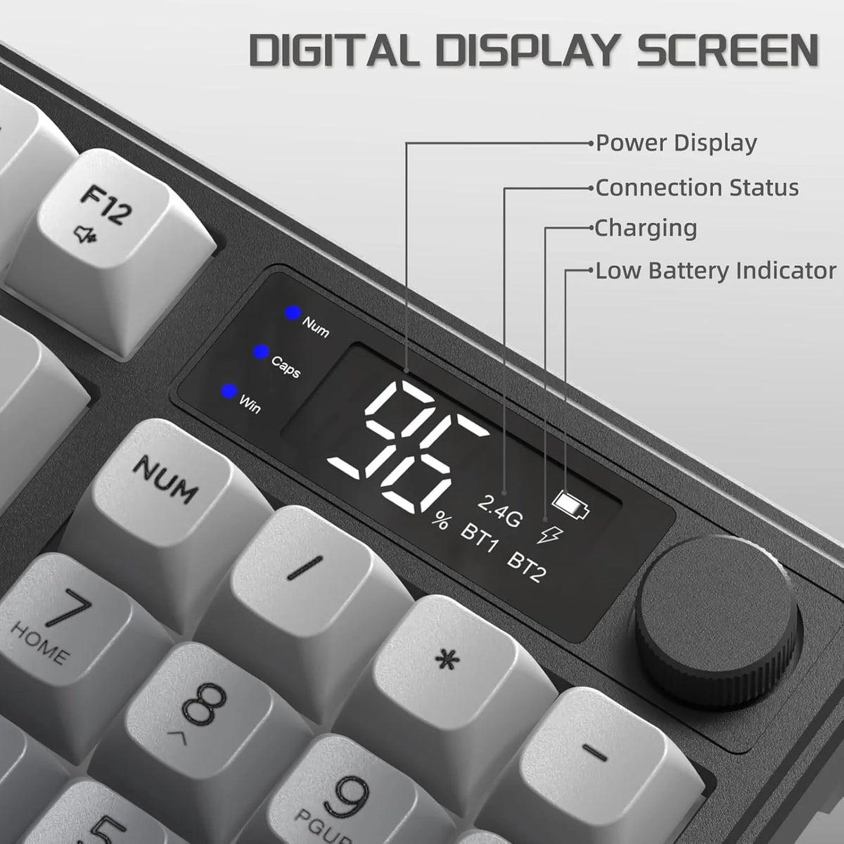 M96 Wireless Gaming Keyboard Creamy Membrane with Rainbow Backlight,Media Knob,LCD Screen,Dual Mode-Bluetooth/2.4Ghz,Ball Shape
