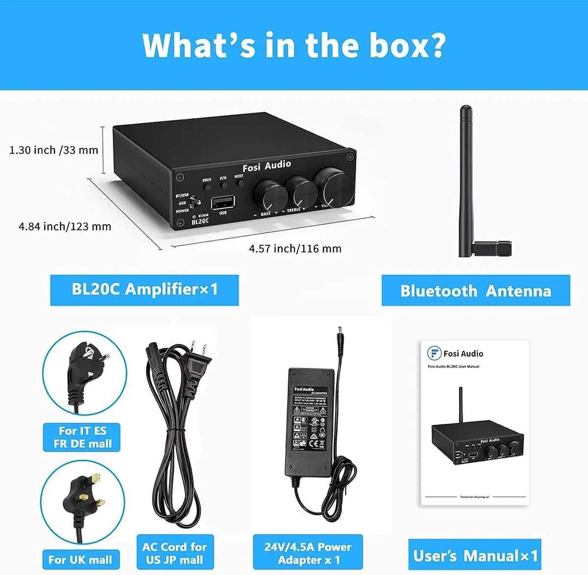 Fosi Audio BL20C With 32V Power Supply Bluetooth 5.0 2.1 HiFi Audio Receiver Amplifier Mini Class D Amp U-Disk Player 160W x2