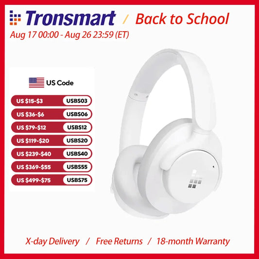 Tronsmart Headphones Sounfii Q20 Bluetooth Headset with Active Noise Cancellation, 50H Playtime, App Control, Dual Audio Mode