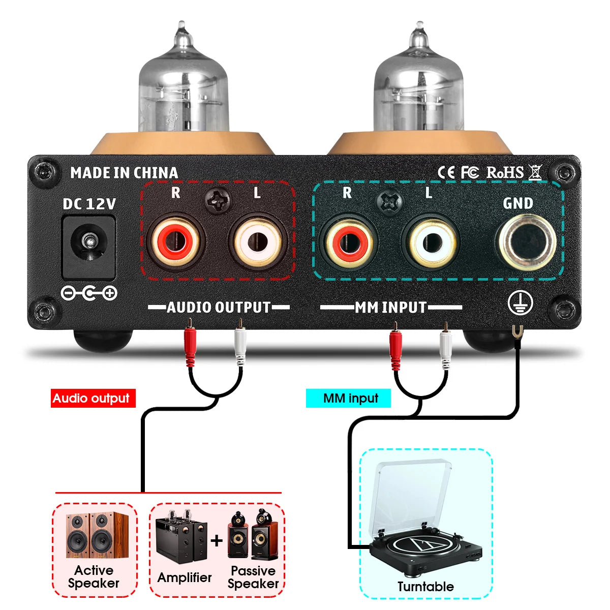 Nobsound Mini MM RIAA Phono Stage Turntable Preamp HiFi Stereo Audio Vacuum Tube Preamplifier Dekstop AUX Preamp