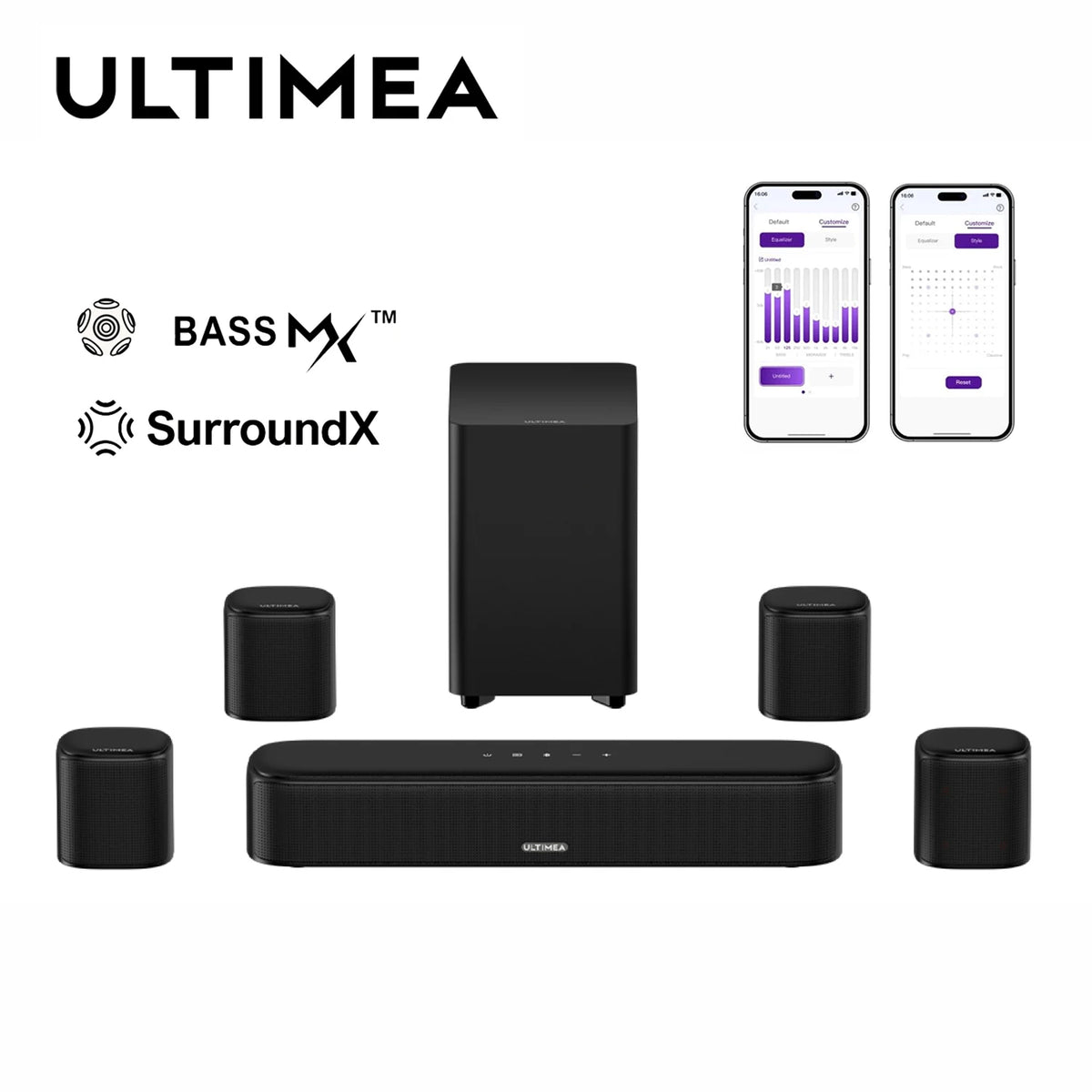 ULTIMEA 7.1CH Virtual Surround Soundbar for TV, 330W Home Theater System with Subwoofer,4 Surround Speakers,APP Control