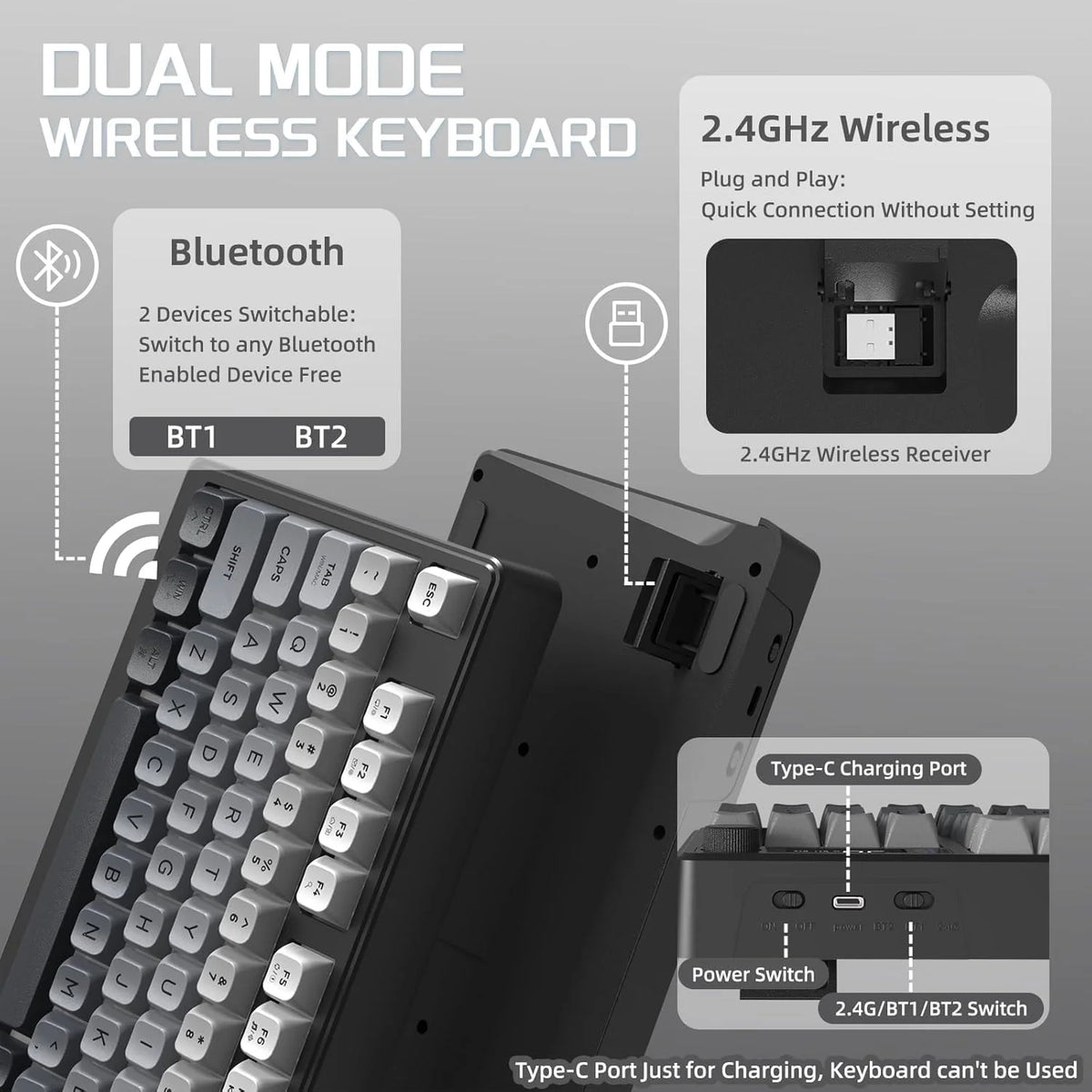 M96 Wireless Gaming Keyboard Creamy Membrane with Rainbow Backlight,Media Knob,LCD Screen,Dual Mode-Bluetooth/2.4Ghz,Ball Shape
