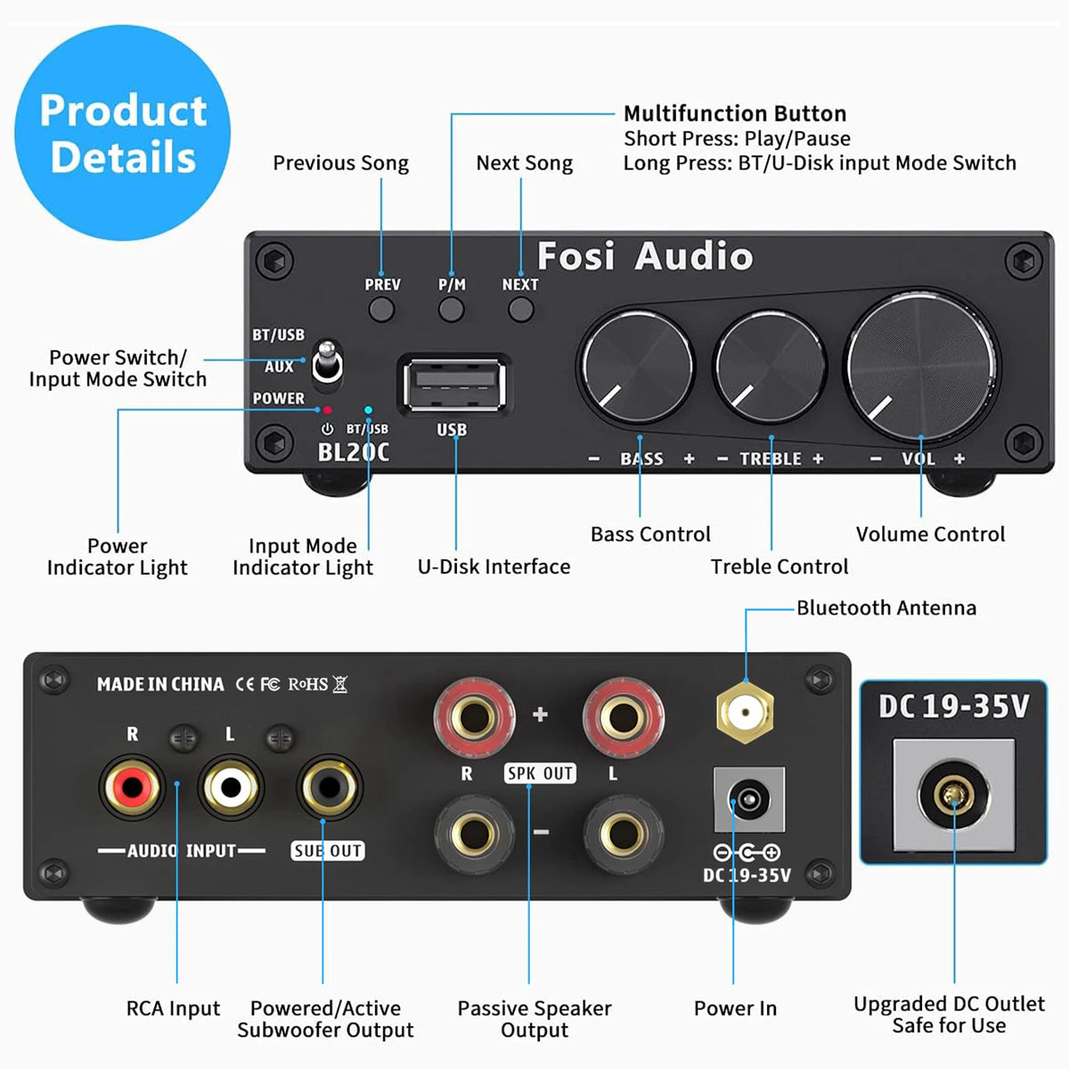 Fosi Audio BL20C With 32V Power Supply Bluetooth 5.0 2.1 HiFi Audio Receiver Amplifier Mini Class D Amp U-Disk Player 160W x2