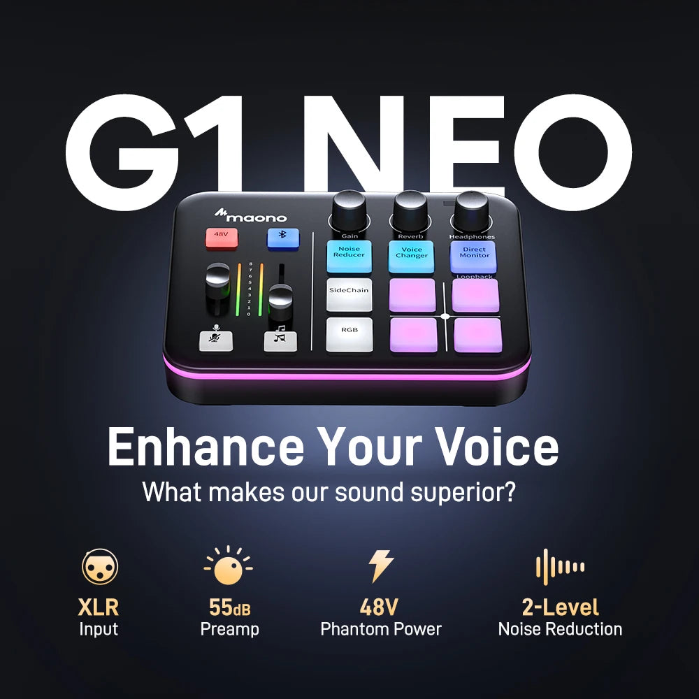 MAONO G1 NEO Gaming Audio Mixer Audio Interface with Pro-preamp, RGB, Bluetooth, 48V Phantom Power for Live Streaming, Podcasting, Content Create, Gaming MaonoCaster G1 NEO Audio Interface (Not for USB Microphone)